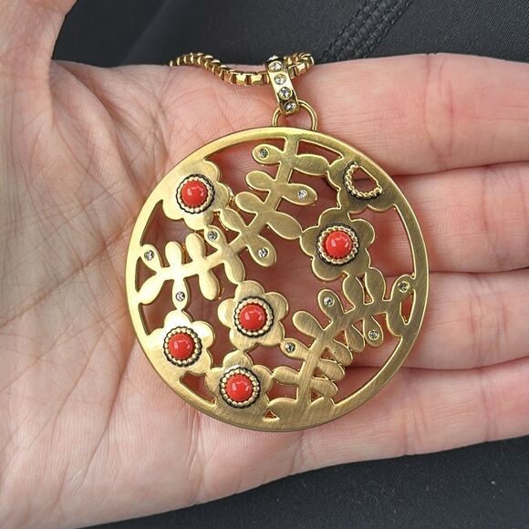 BRIGHTON FRANCESCA Floral Gold Disc Orange Beaded Pendant NECKLACE + pouch - Picture 5 of 5